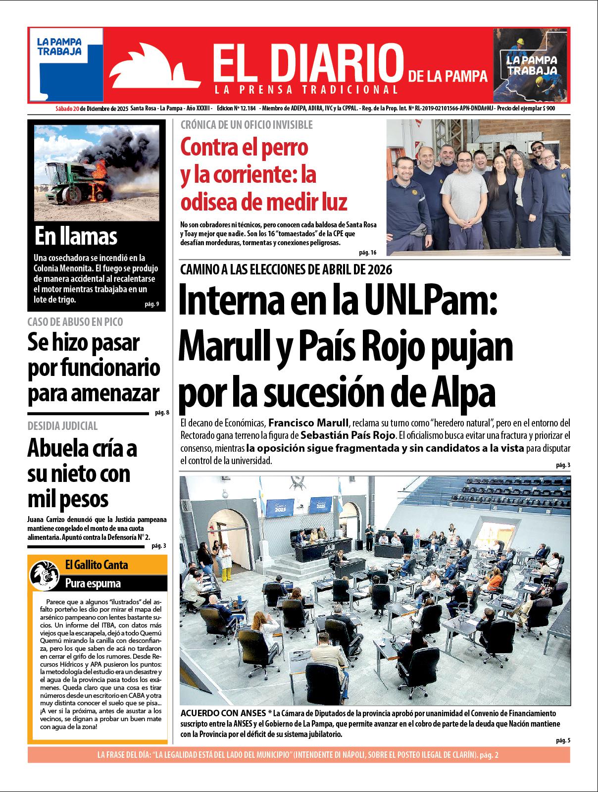 Tapa de El Diario en papel  saacutebado 20 de diciembre de 2025